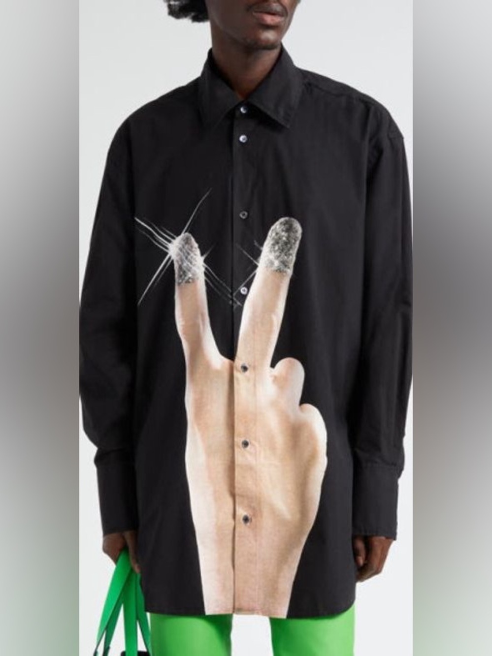 JW ANDERSON Black Button-Down Shirt with Glitter Peace Hand Print